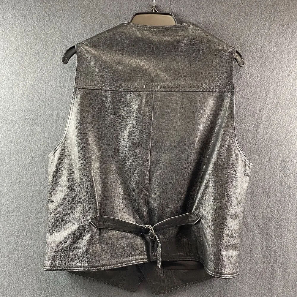 Genuine Black Leather Motorcycle Vest Size Large Made In The USA Button Up Adjst